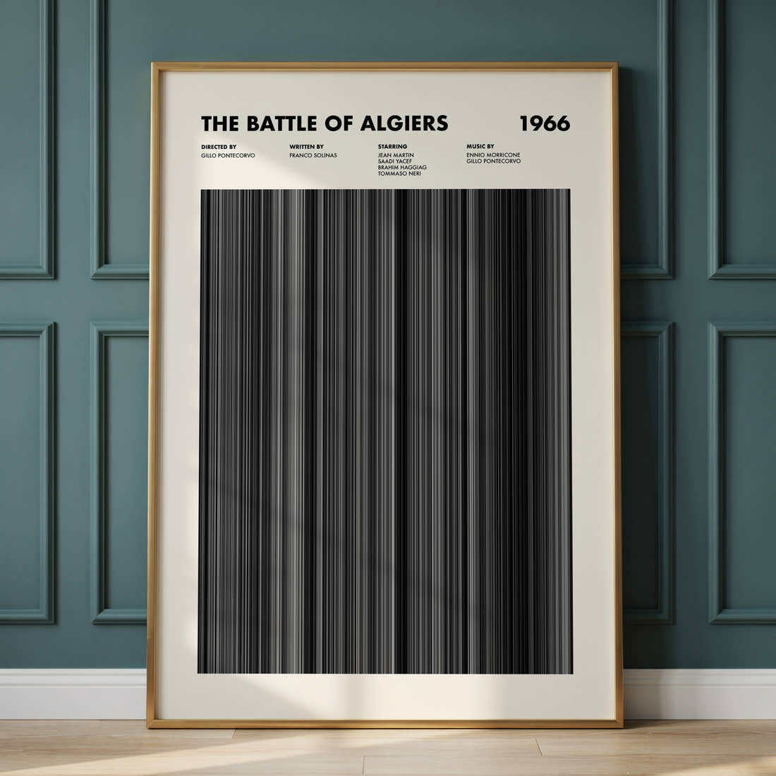 The Battle Of Algiers Movie Barcode Poster framed and leaning against a panelled wall
