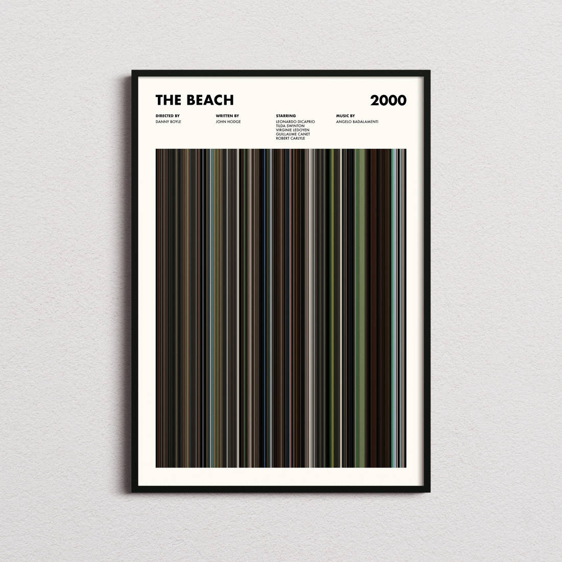 The Beach Movie Barcode Poster framed on a plain studio wall