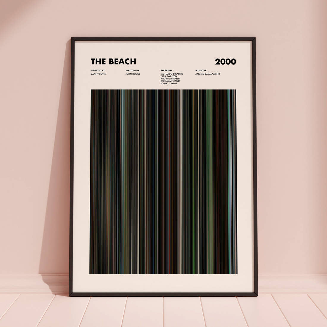 The Beach Movie Barcode Poster framed and leaning against a coloured wall