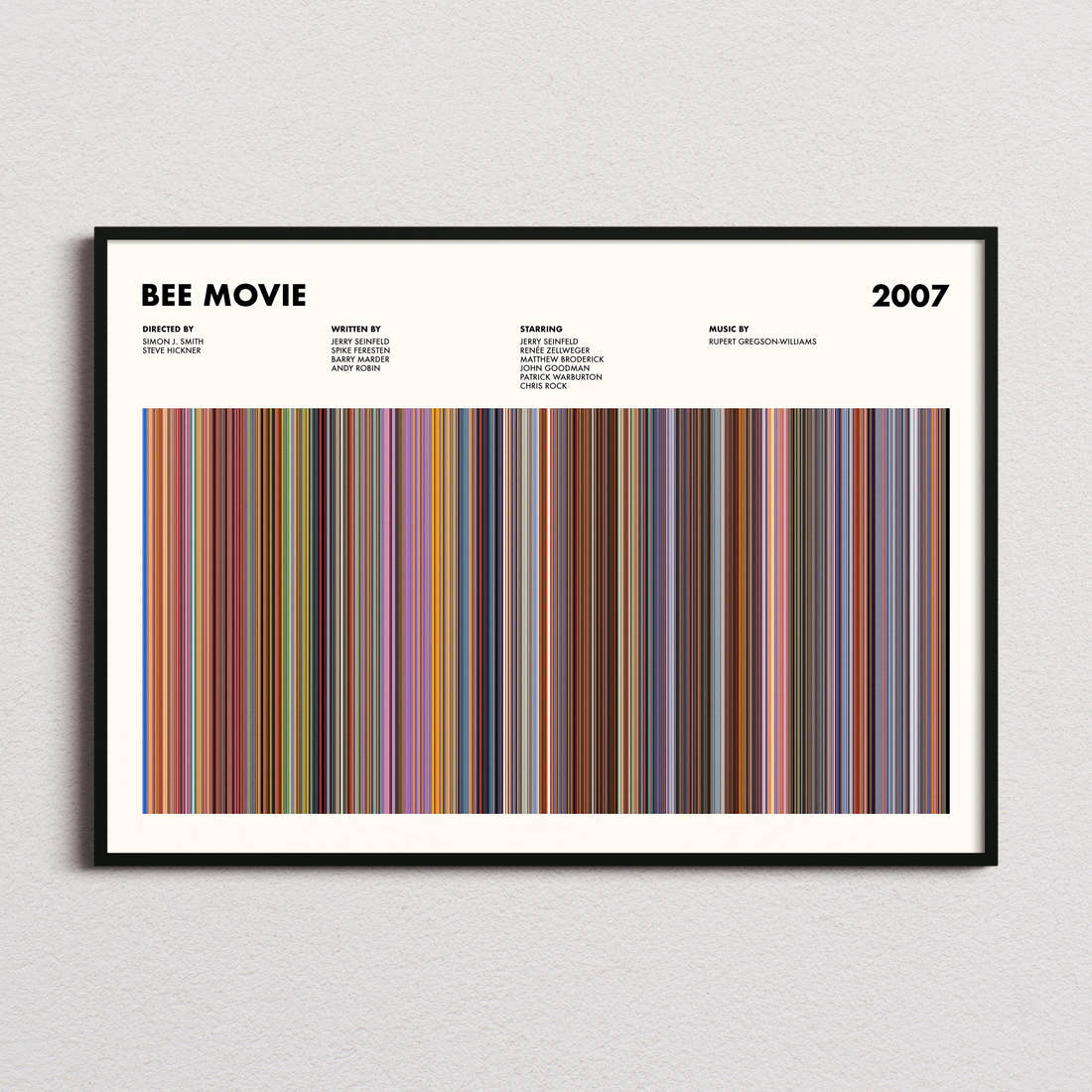 Bee Movie Movie Barcode Poster framed and photographed straight on
