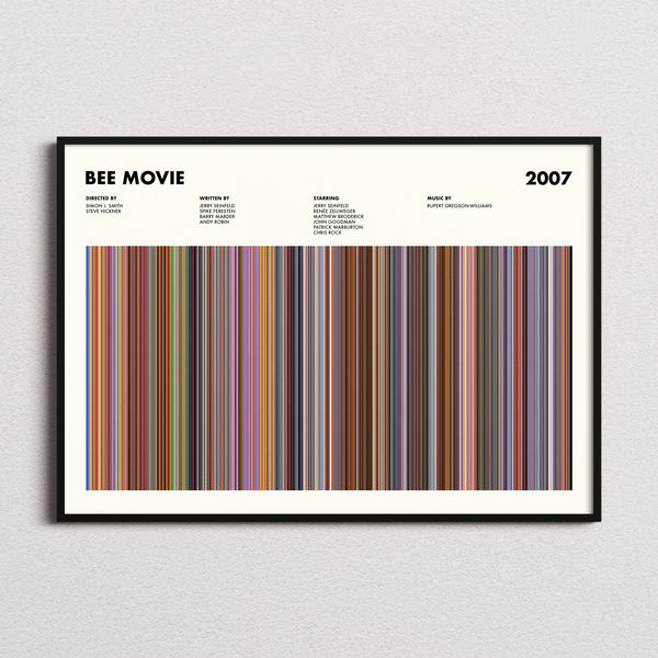 Bee Movie Movie Barcode Poster framed and photographed straight on
