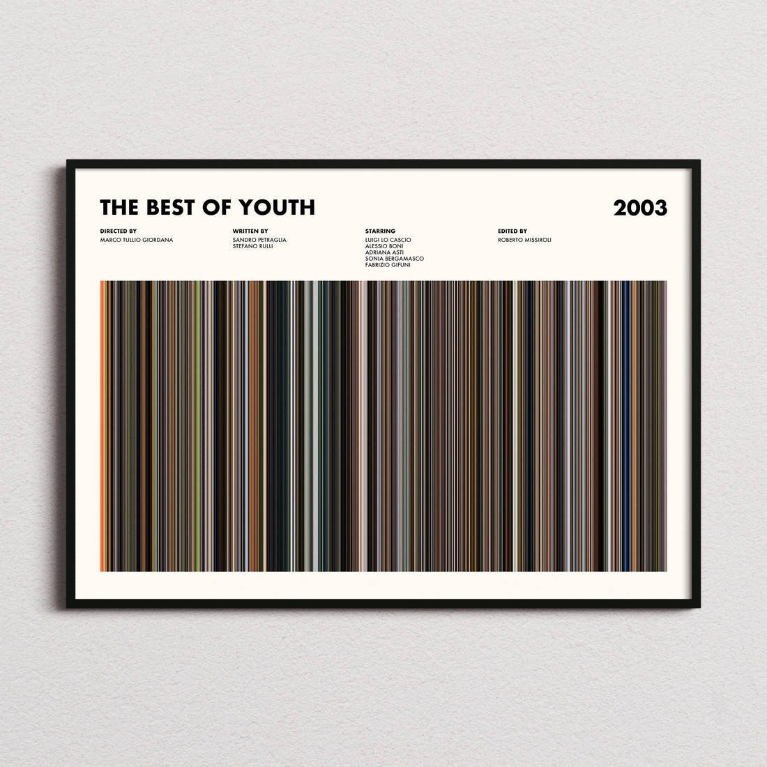 The Best of Youth Movie Barcode Poster framed and photographed straight on