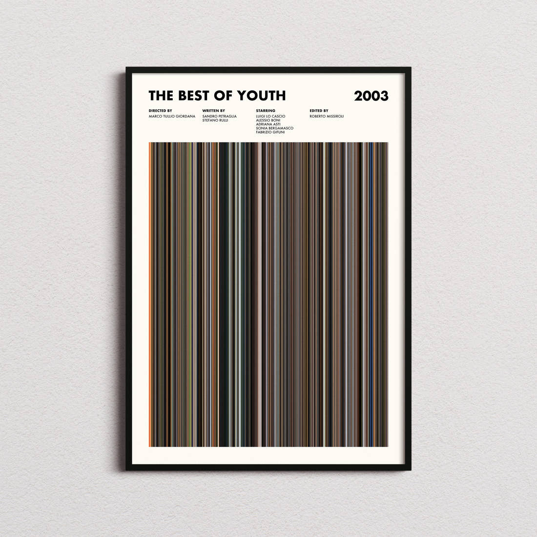 The Best of Youth Movie Barcode Poster framed on a plain studio wall