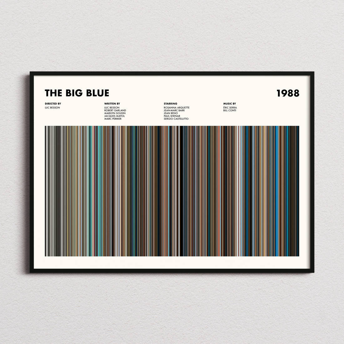 The Big Blue Movie Barcode Poster framed and photographed straight on