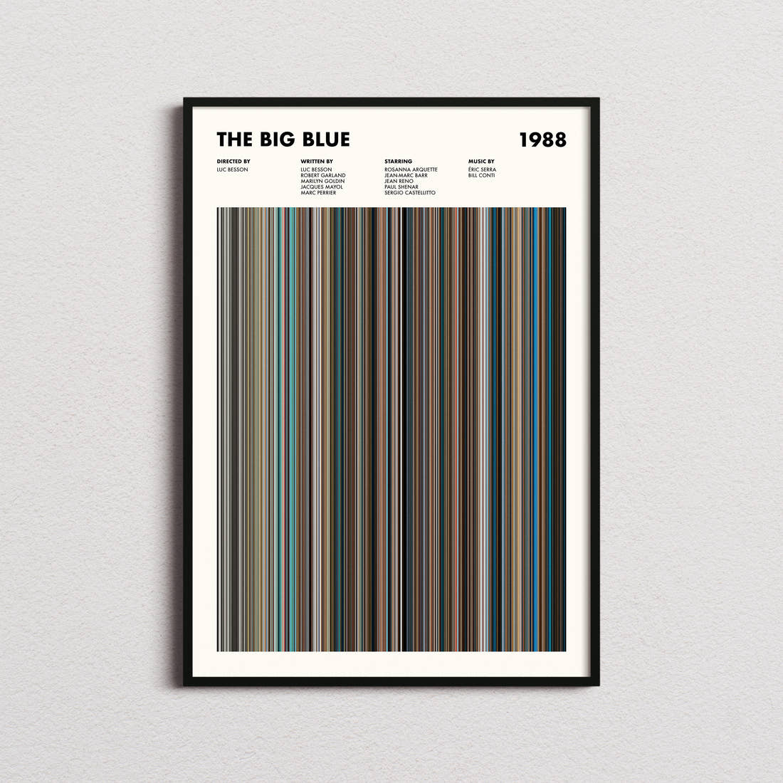 The Big Blue Movie Barcode Poster framed on a plain studio wall