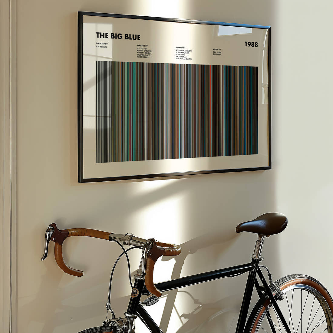 The Big Blue Movie Barcode Poster framed on the wall of a styled room setting
