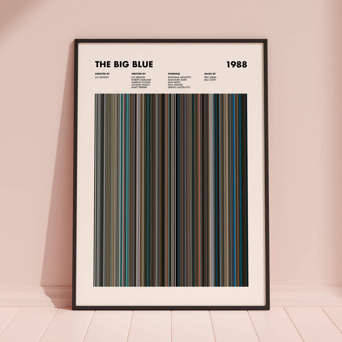 The Big Blue Movie Barcode Poster framed and leaning against a coloured wall
