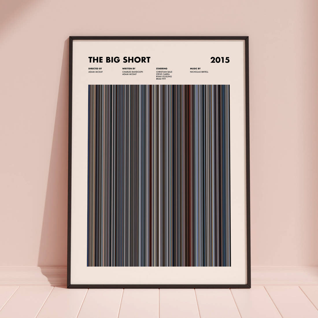 The Big Short Movie Barcode Poster framed and leaning against a coloured wall