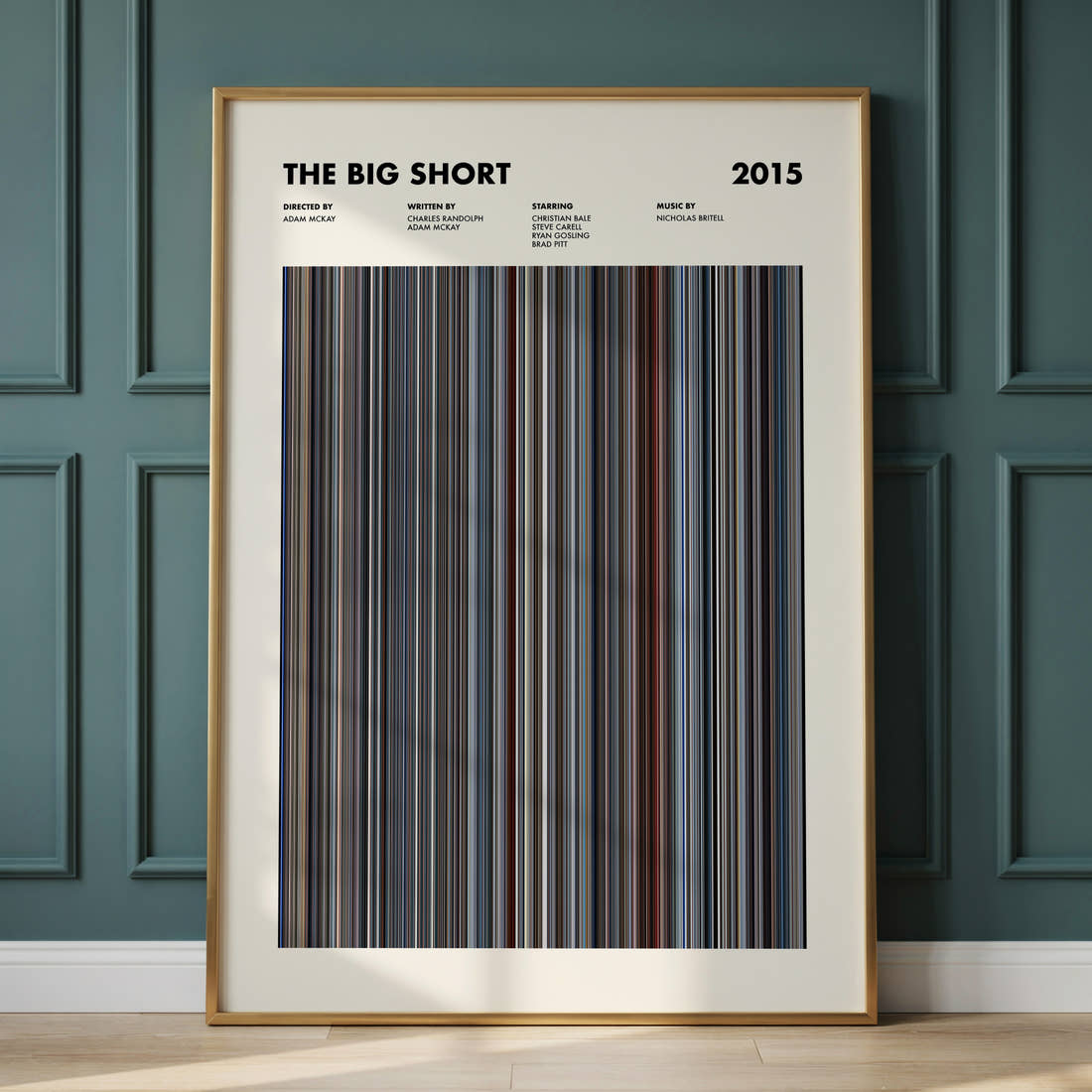 The Big Short Movie Barcode Poster framed and leaning against a panelled wall