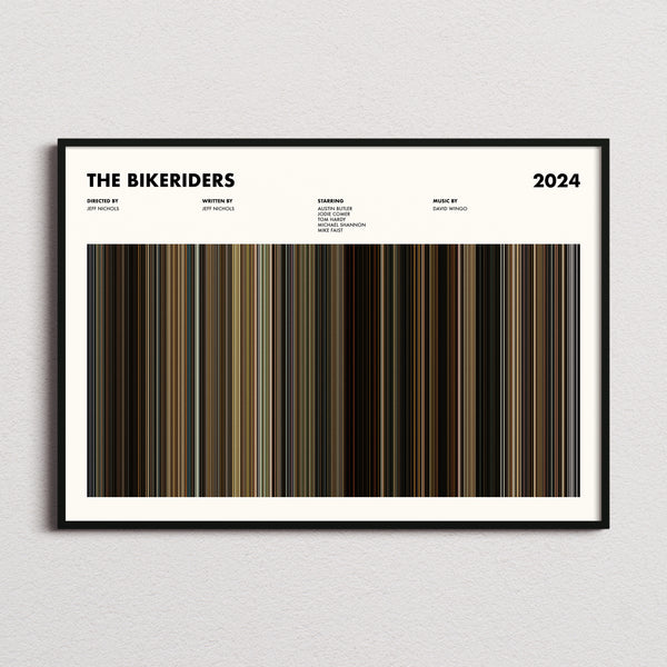 The Bikeriders Movie Barcode Poster framed and photographed straight on