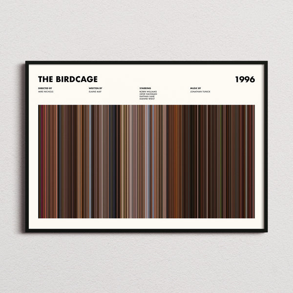 The Birdcage Movie Barcode Poster framed and photographed straight on