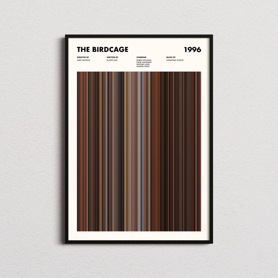 The Birdcage Movie Barcode Poster framed on a plain studio wall