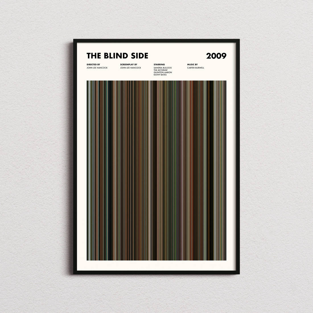 The Blind Side Movie Barcode Poster framed on a plain studio wall