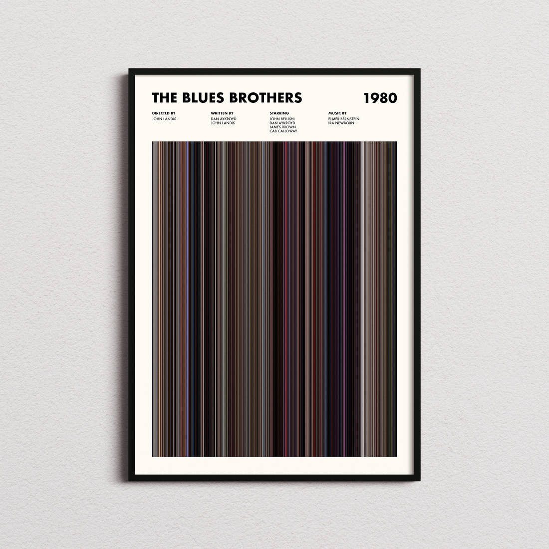 The Blues Brothers Movie Barcode Poster framed on a plain studio wall