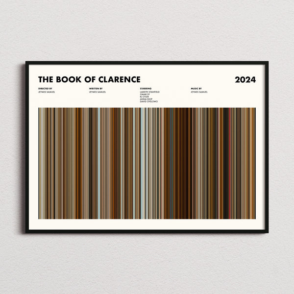 The Book of Clarence Movie Barcode Poster framed and photographed straight on