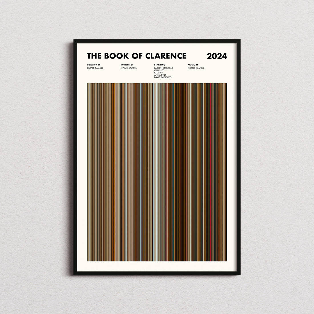 The Book of Clarence Movie Barcode Poster framed on a plain studio wall