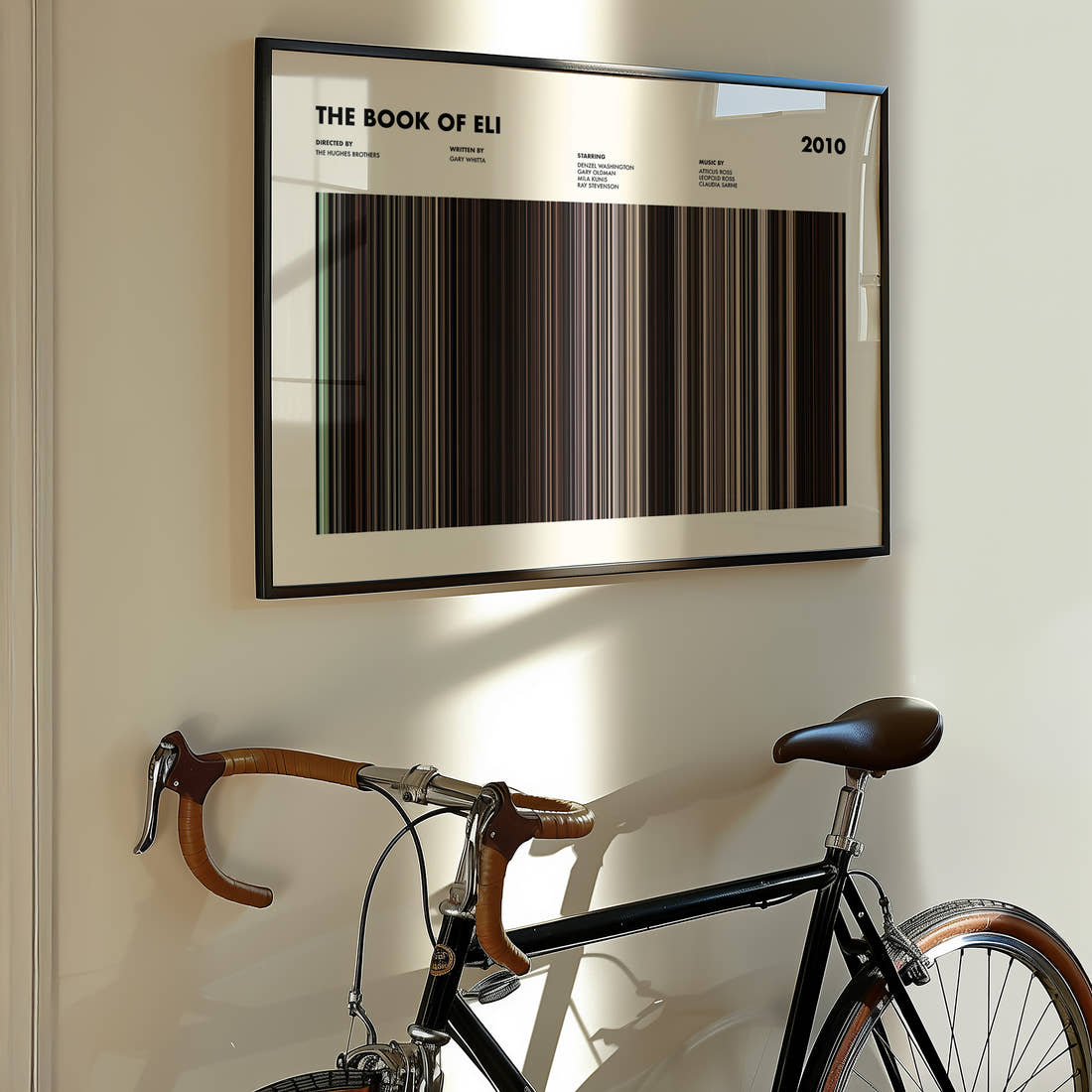 The Book Of Eli Movie Barcode Poster framed on the wall of a styled room setting