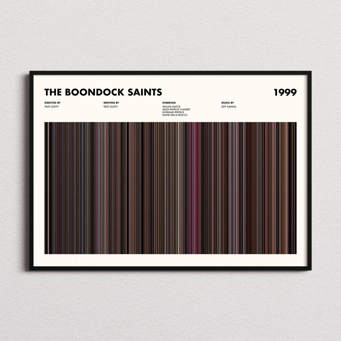 The Boondock Saints Movie Barcode Poster framed and photographed straight on