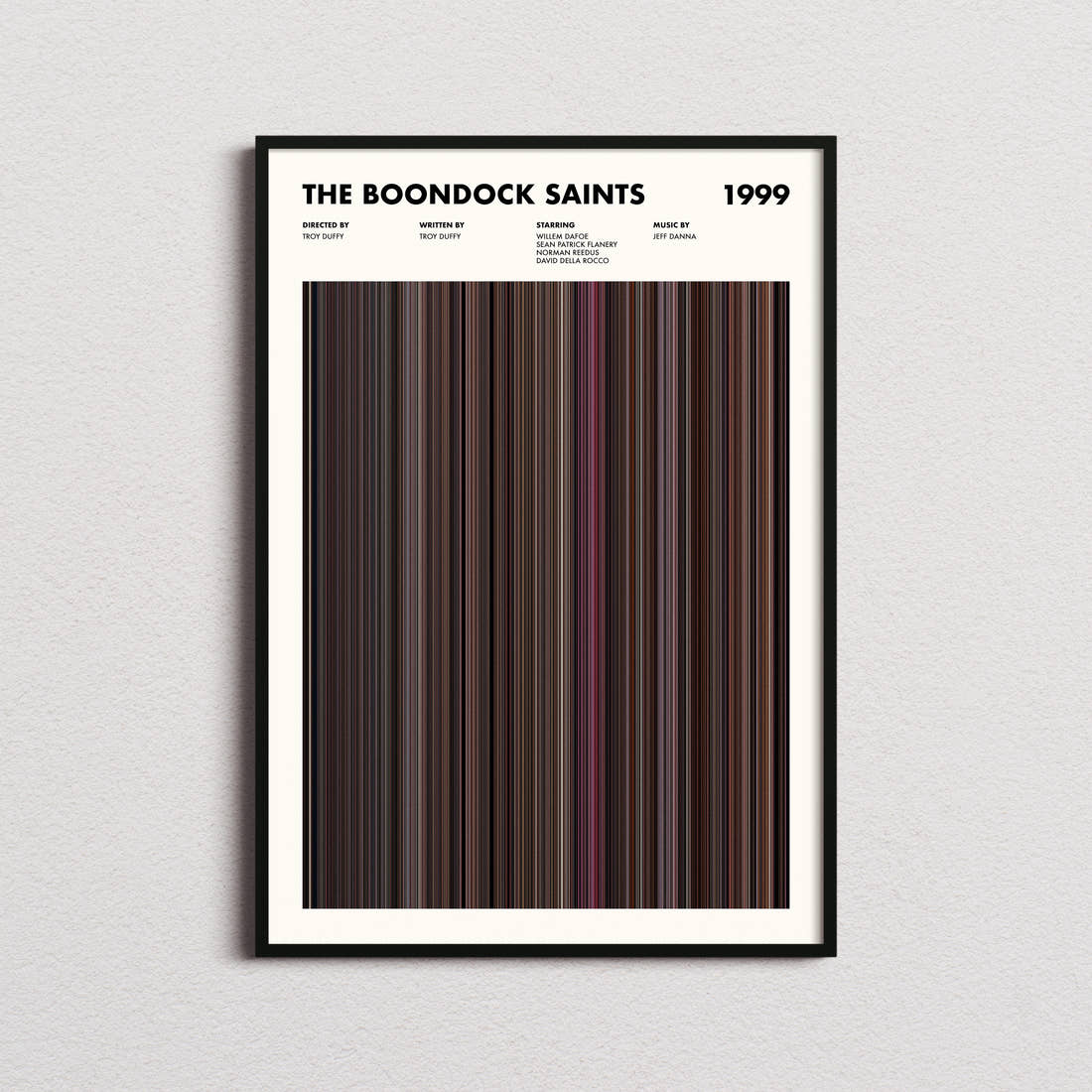The Boondock Saints Movie Barcode Poster framed on a plain studio wall
