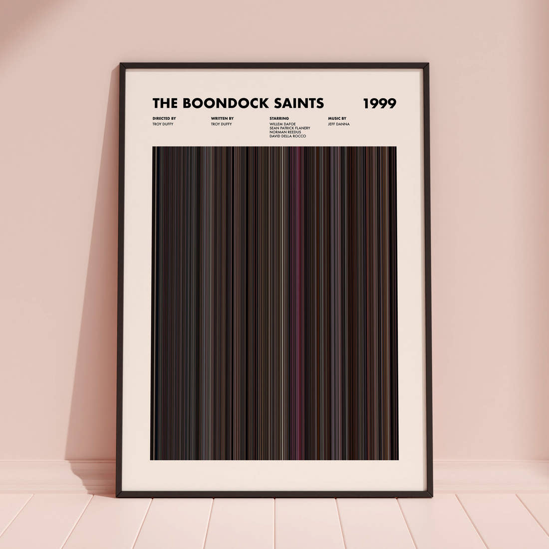 The Boondock Saints Movie Barcode Poster framed and leaning against a coloured wall