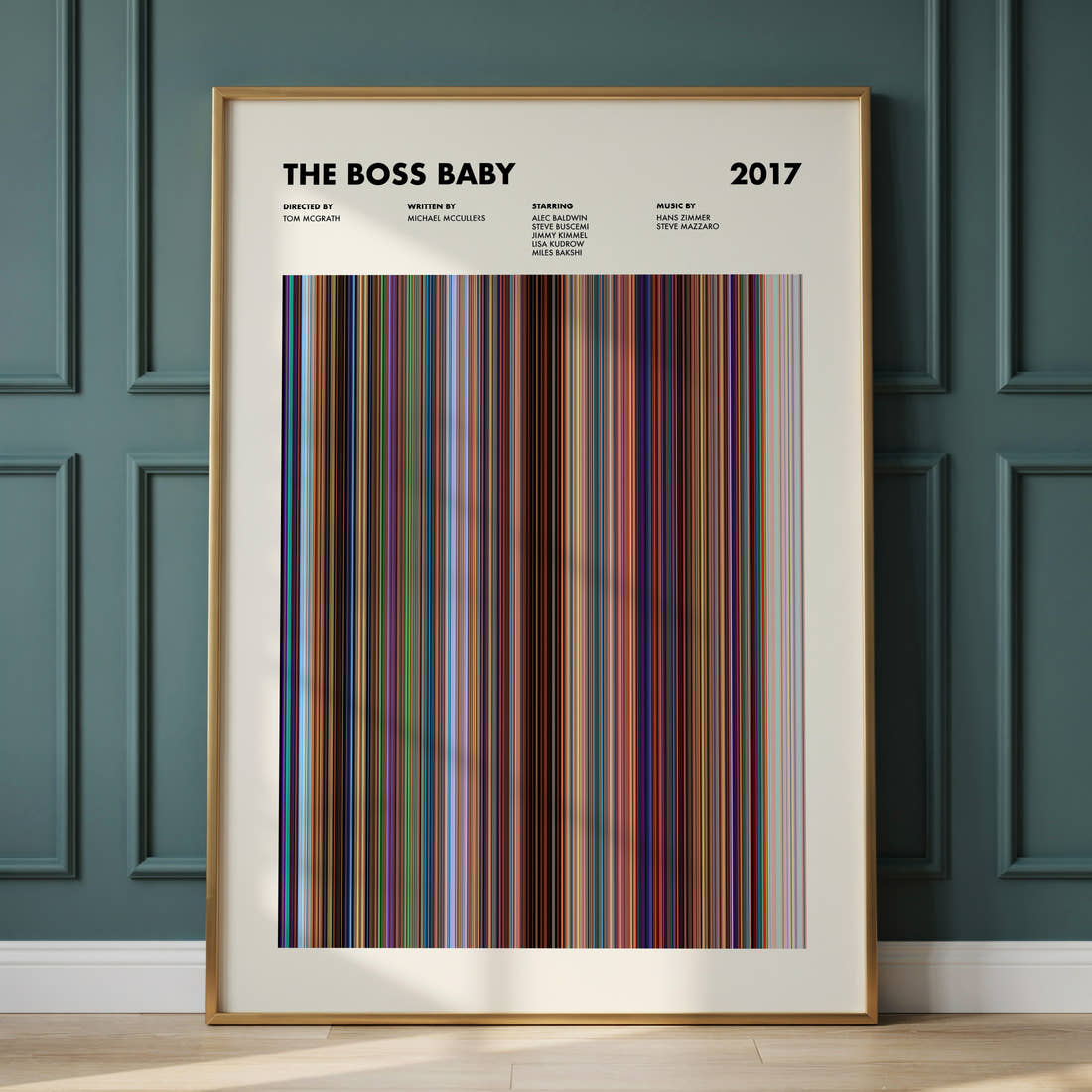 The Boss Baby Movie Barcode Poster framed and leaning against a panelled wall