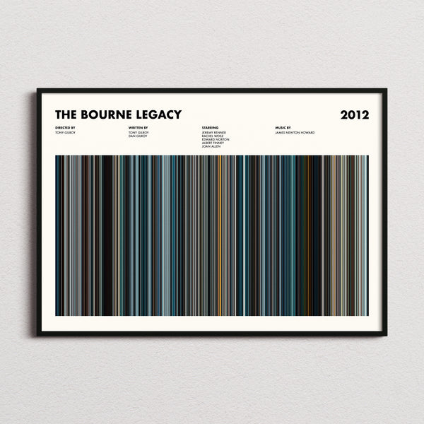 The Bourne Legacy Movie Barcode Poster framed and photographed straight on