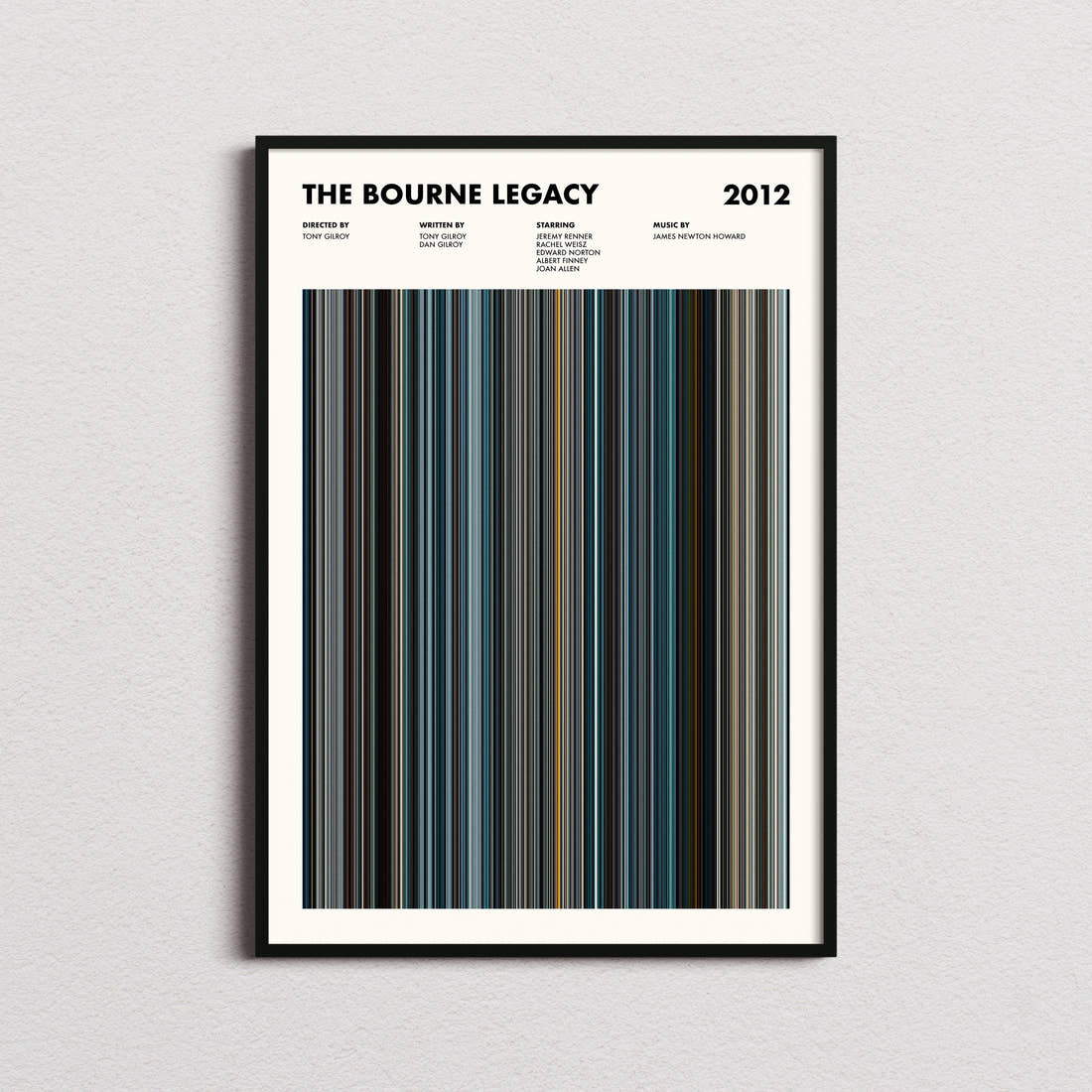 The Bourne Legacy Movie Barcode Poster framed on a plain studio wall