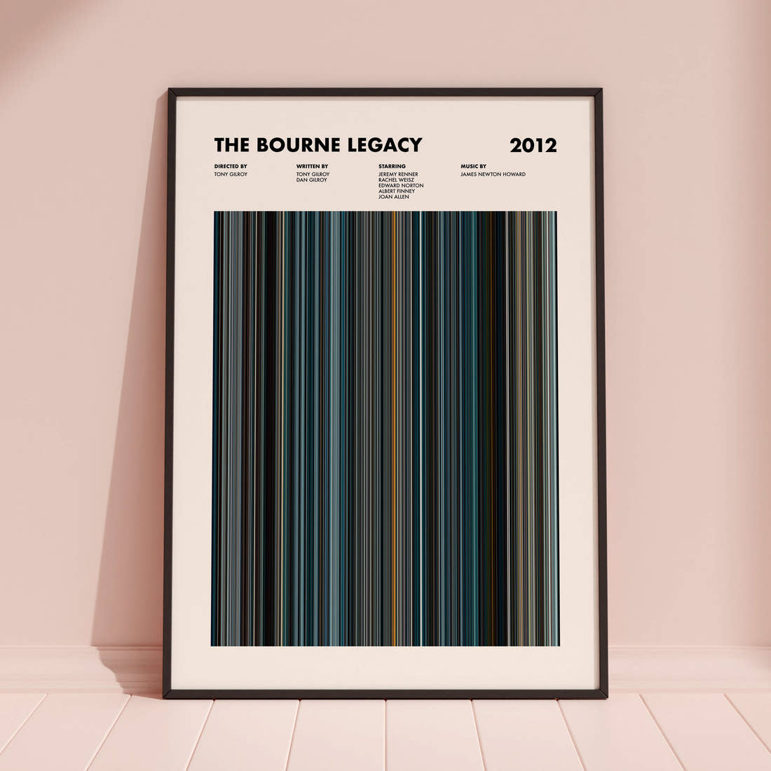The Bourne Legacy Movie Barcode Poster framed and leaning against a coloured wall