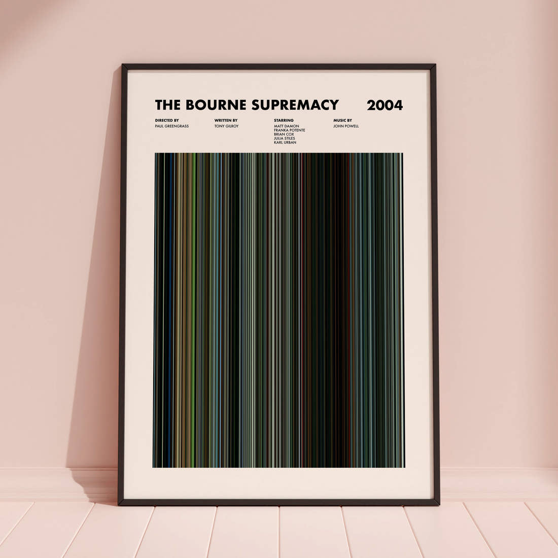 The Bourne Supremacy Movie Barcode Poster framed and leaning against a coloured wall