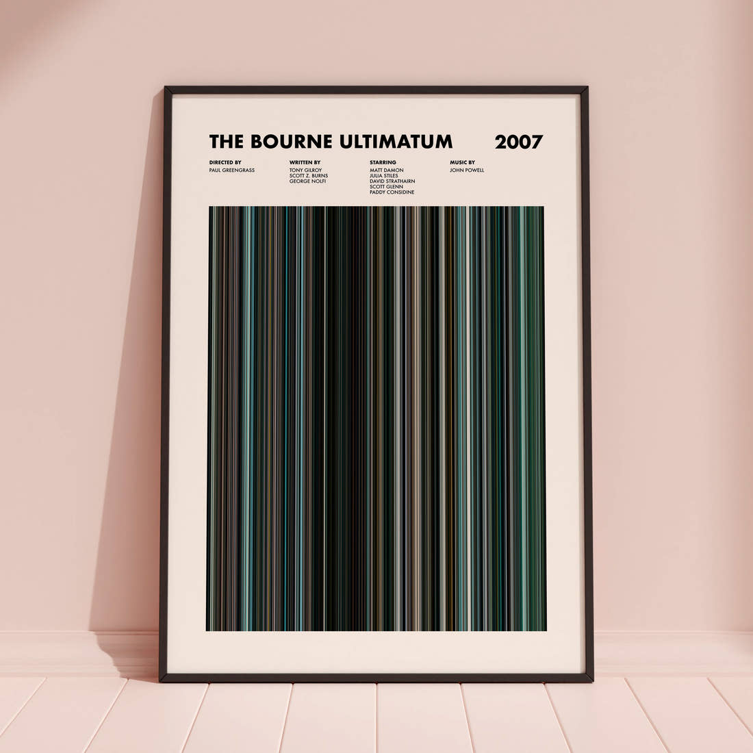 The Bourne Ultimatum Movie Barcode Poster framed and leaning against a coloured wall