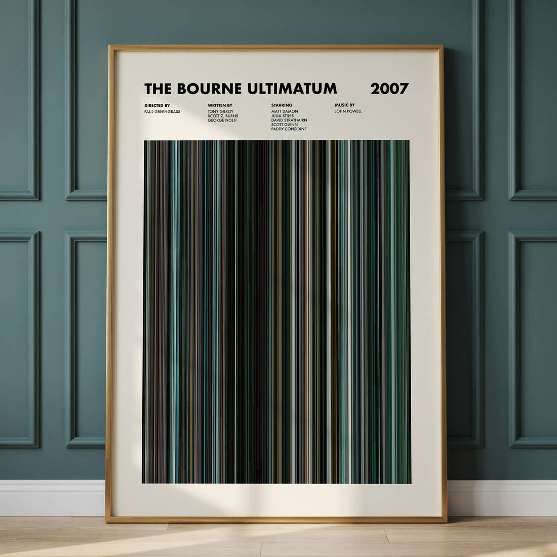 The Bourne Ultimatum Movie Barcode Poster framed and leaning against a panelled wall