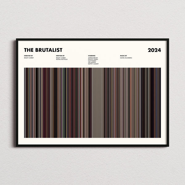 The Brutalist Movie Barcode Poster framed and photographed straight on