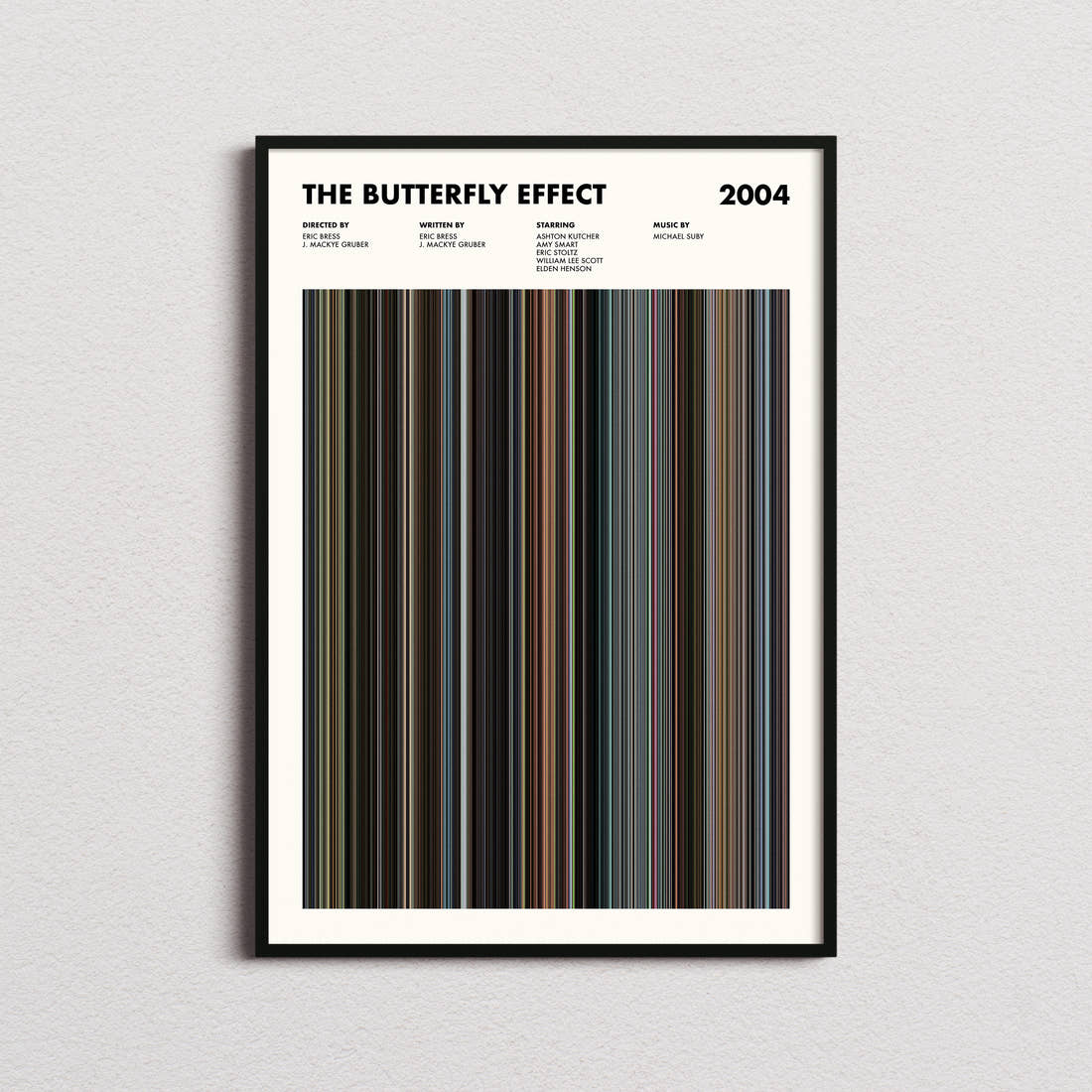 The Butterfly Effect Movie Barcode Poster framed on a plain studio wall