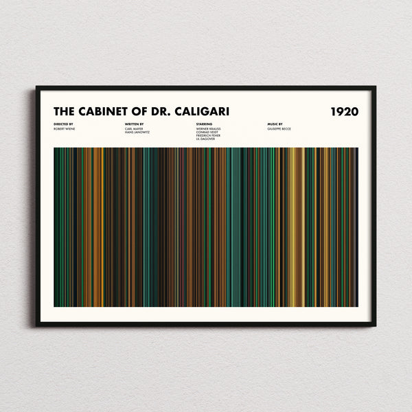 The Cabinet of Dr. Caligari Movie Barcode Poster framed and photographed straight on