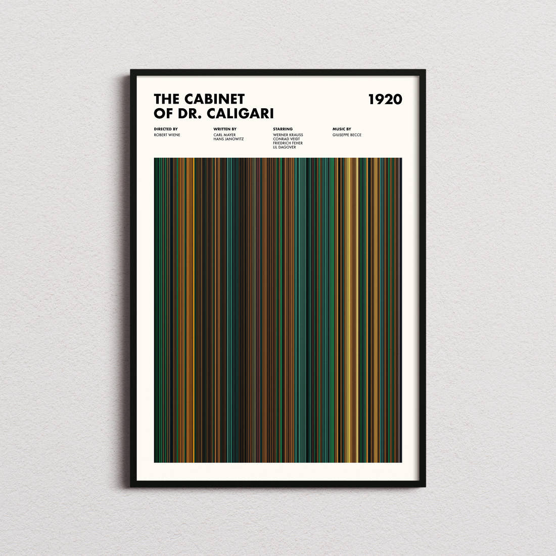 The Cabinet of Dr. Caligari Movie Barcode Poster framed on a plain studio wall