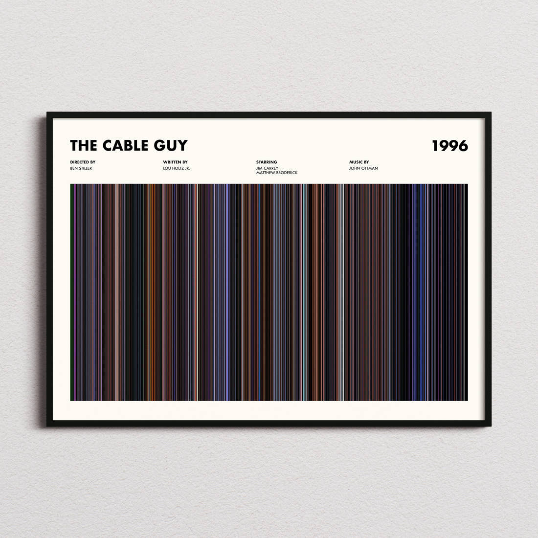The Cable Guy Movie Barcode Poster framed and photographed straight on