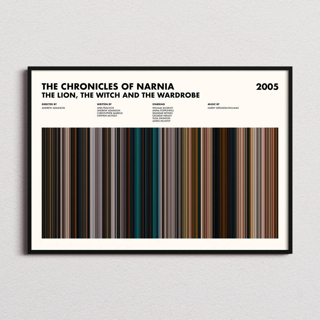 The Chronicles of Narnia: The Lion, the Witch and the Wardrobe Movie Barcode Poster framed and photographed straight on