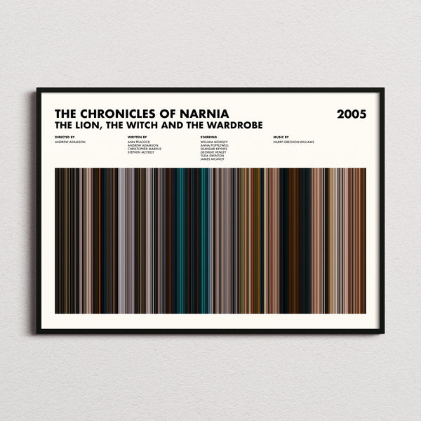 The Chronicles of Narnia: The Lion, the Witch and the Wardrobe Movie Barcode Poster framed and photographed straight on
