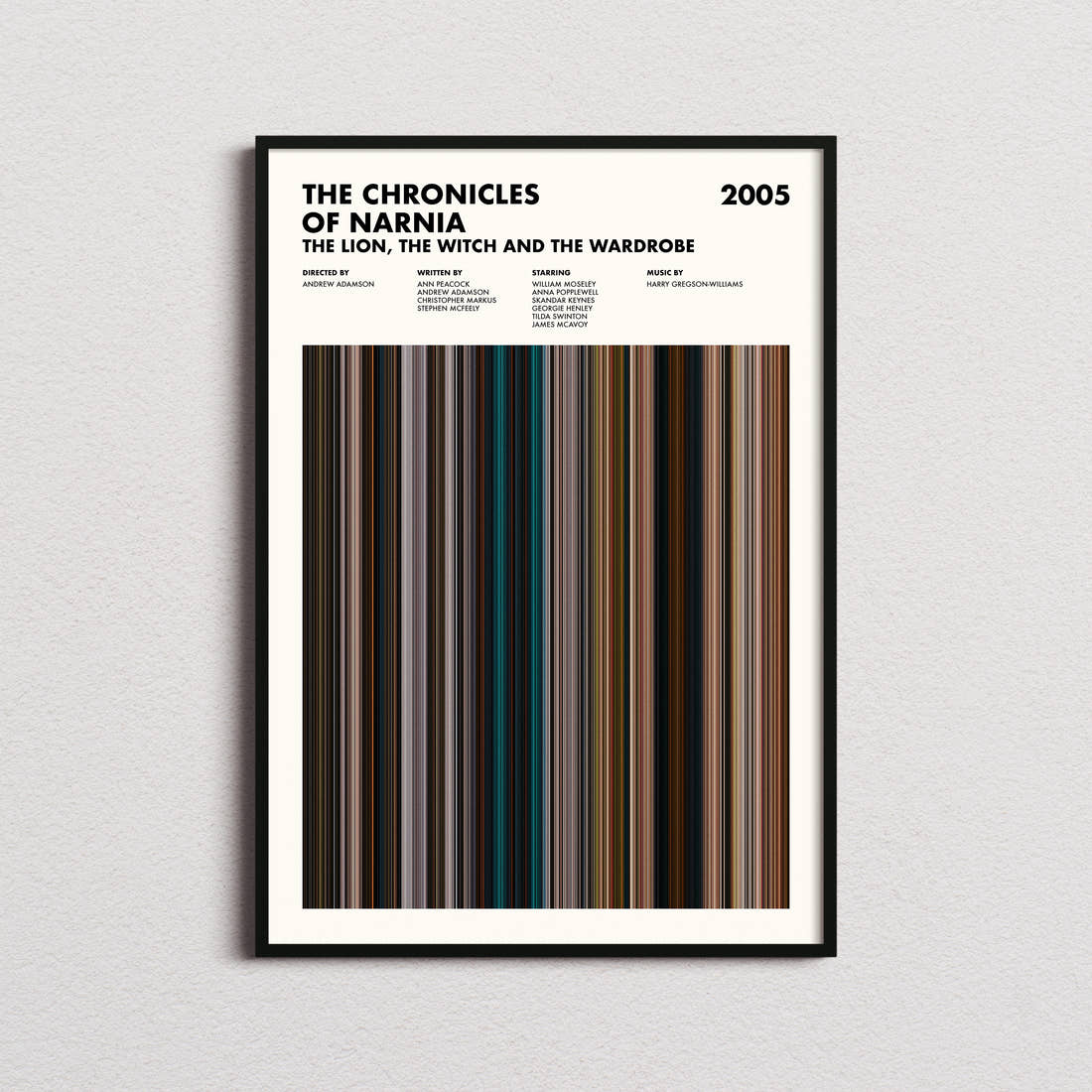 The Chronicles of Narnia: The Lion, the Witch and the Wardrobe Movie Barcode Poster framed on a plain studio wall