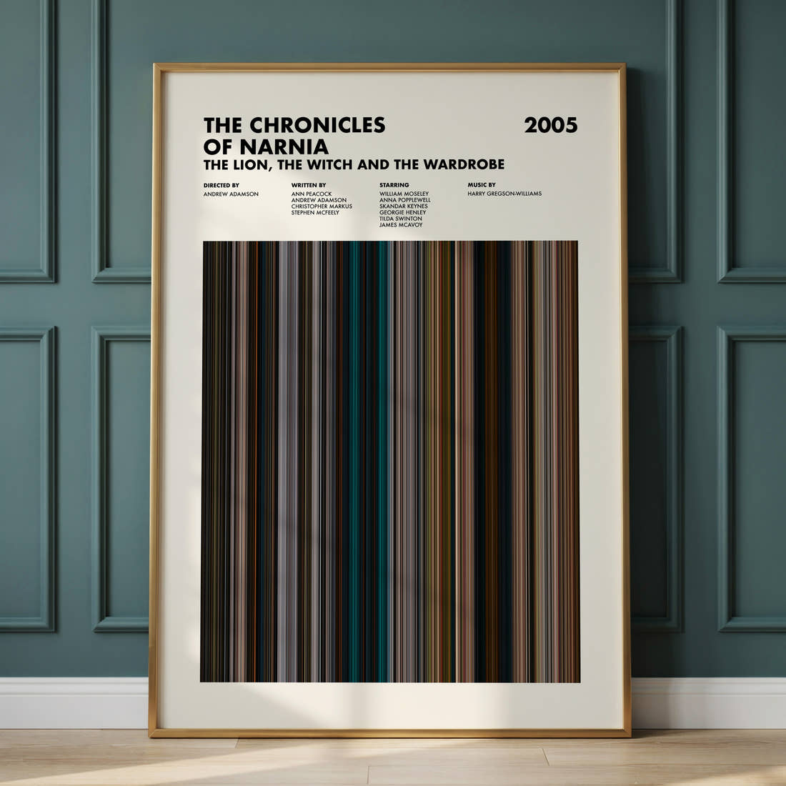 The Chronicles of Narnia: The Lion, the Witch and the Wardrobe Movie Barcode Poster framed and leaning against a panelled wall