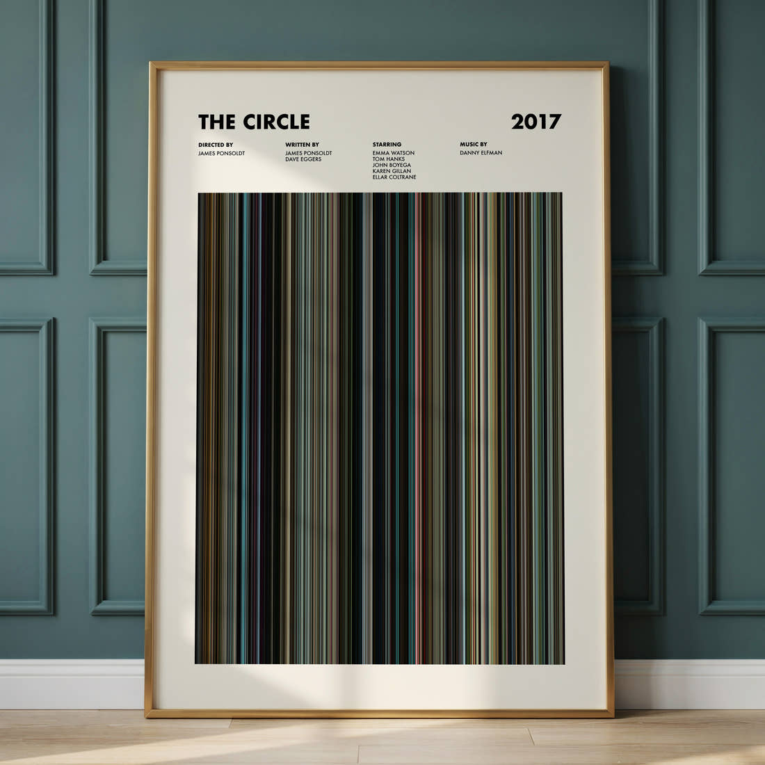 The Circle Movie Barcode Poster framed and leaning against a panelled wall