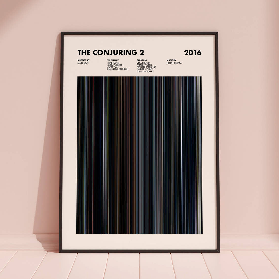 The Conjuring 2 Movie Barcode Poster framed and leaning against a coloured wall