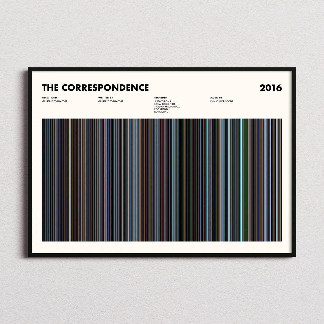 The Correspondence Movie Barcode Poster framed and photographed straight on