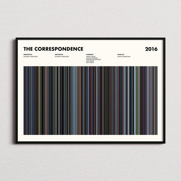 The Correspondence Movie Barcode Poster framed and photographed straight on