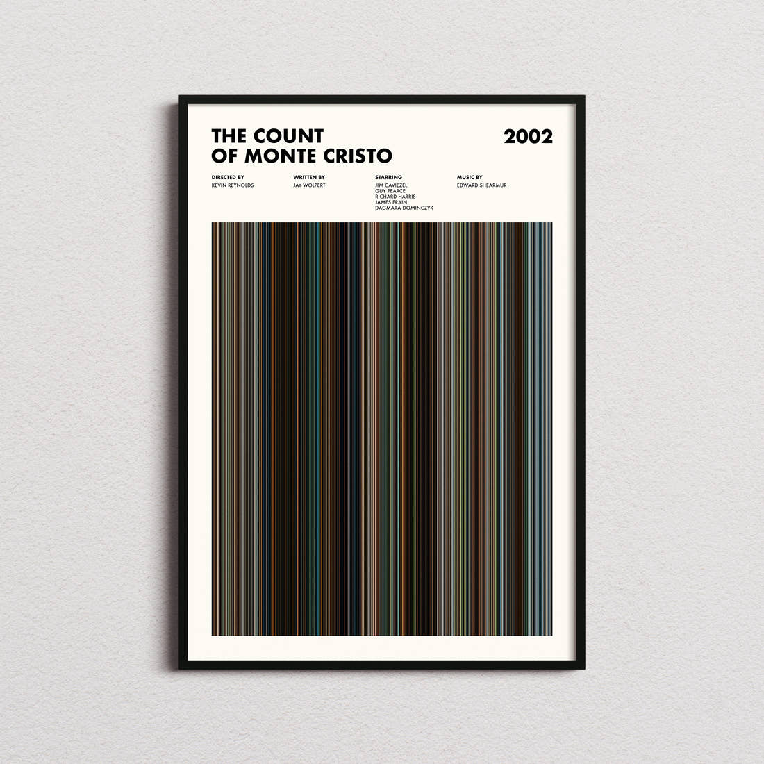 The Count of Monte Cristo (2002) Movie Barcode Poster framed on a plain studio wall