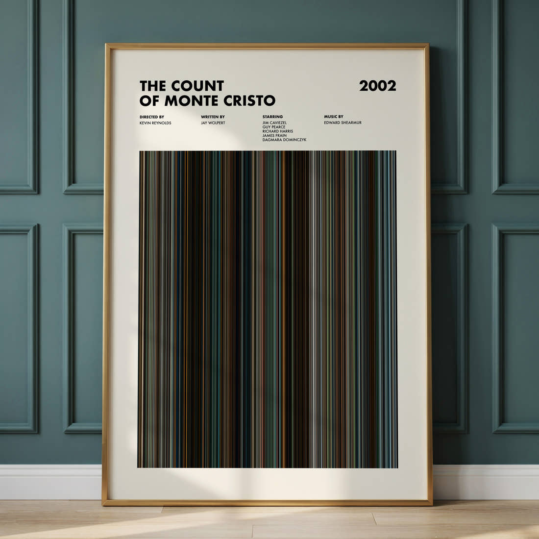The Count of Monte Cristo (2002) Movie Barcode Poster framed and leaning against a panelled wall