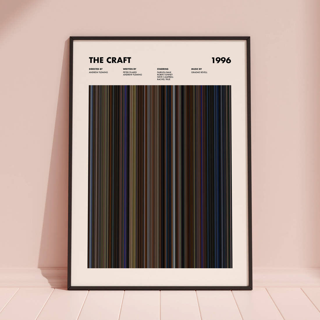 The Craft Movie Barcode Poster framed and leaning against a coloured wall