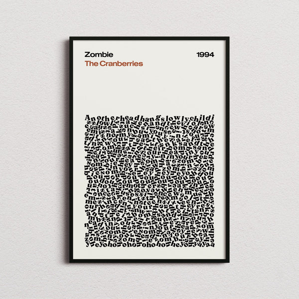 The Cranberries Zombie Lyric Print in the cream colourway, framed