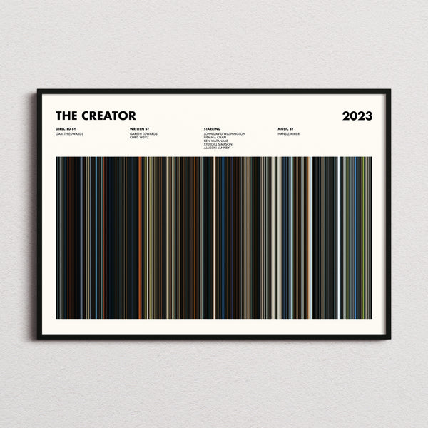 The Creator Movie Barcode Poster framed and photographed straight on