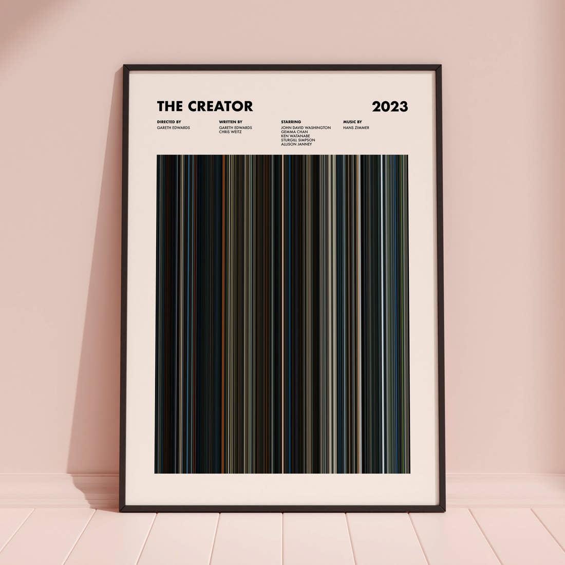 The Creator Movie Barcode Poster framed and leaning against a coloured wall